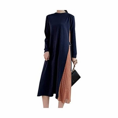 エムエルーセ ５種類展開 サイド プリーツ ロング ワンピース バイカラー プリーツワンピース 春 夏 秋 長袖 ネイビーブラウン M 通販 Lineポイント最大get Lineショッピング