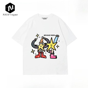 【Nico】100%純棉短袖夏季款 卡通女士上衣韓版寬鬆圓領短袖T恤素T 慵懶風半袖上衣女生上衣男士短袖上衣男士T恤