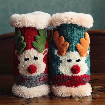 沛錦針織毛線手套女士 新年禮物冬天保暖加絨半指手套小鹿小熊1入