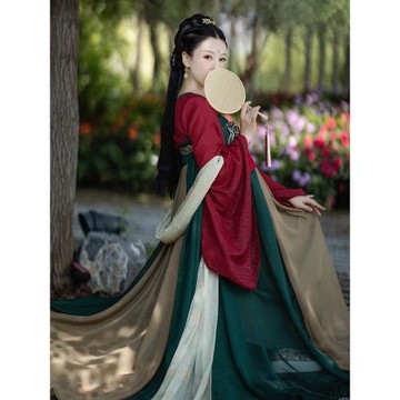 【258元區】原創唐制漢服女秋中國風改良齊胸襦裙紅色廣袖長裙子