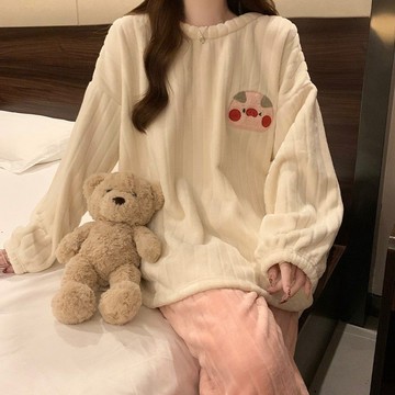 台灣出貨 秋冬睡衣女 加絨睡衣 保暖睡衣 秋冬季法蘭絨睡衣女長袖可愛卡通小豬豬加絨保暖家居服套裝可外穿