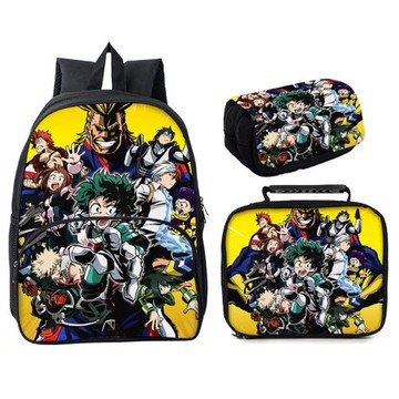 我的英雄學院背包三件套16寸圓形口袋書包午餐包雙層筆袋