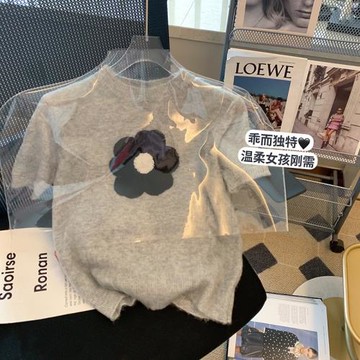 撿漏~專柜撤回尾單大牌外貿春夏新款灰色花朵香風短袖針織衫上衣