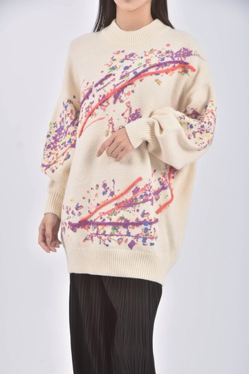 (F) snidel質感針織羊毛印花潑漆杏色毛衣