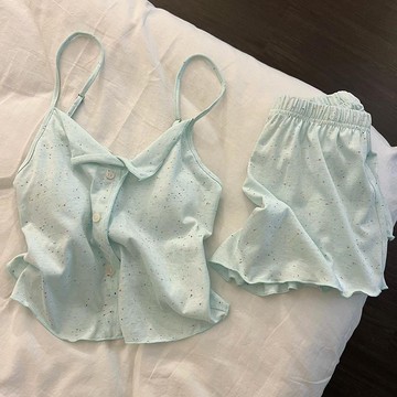 【臺灣有貨】帶胸墊 小清新薄荷綠甜美吊帶 短褲睡衣 女 夏季新款 舒適居家兩件套裝