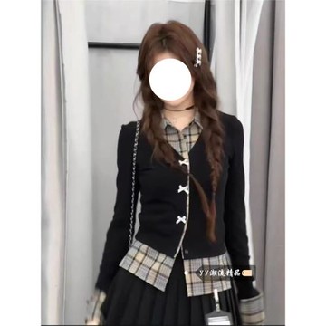 (免運)韓系學院風假兩件格子針織開衫女冬季季收腰顯瘦內搭長袖t恤上衣