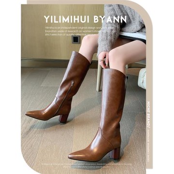 一力米灰 高級感~！棕色尖頭高筒高跟西部騎士靴不過膝粗跟長靴女
