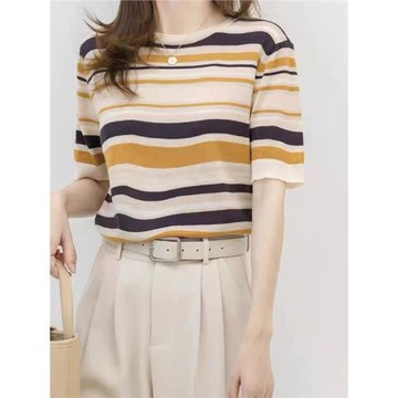 2026年夏季新款女裝寬松高級圓領氣質條紋短袖冰絲針織衫T恤上衣