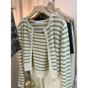 韓系條紋針織開衫女春秋無袖背心吊帶外搭披肩外套兩件套短款上衣