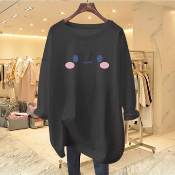 愛依依 上衣 長袖T卹 印花上衣 學院風 中大尺碼 M-3XL 新款t卹長袖蓋屁股上衣女中長款打底衫白體卹-9969.