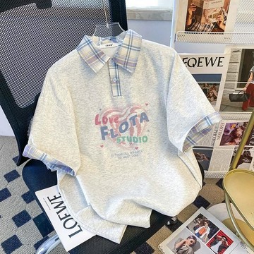 愛心印花格子拼接假兩件短袖t恤女夏學院polo上衣短袖T恤女裝