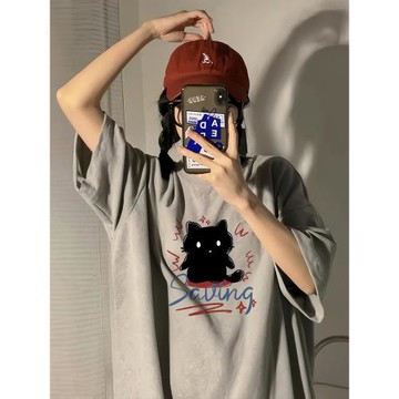 灰色短袖女夏季2025新款爆款t恤寬松正肩休閑半袖高級感顯瘦上衣