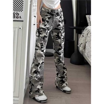 美式復古vibe小眾設計迷彩工裝褲男女高街寬松直筒微喇顯瘦休閑褲