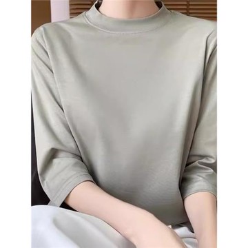 純棉短袖t恤女七分袖寬松半高領春季新款正肩內搭絲光棉打底上衣