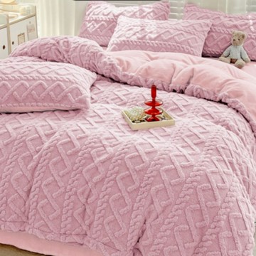 Aaron艾倫生活家 素色立體雪雕絨被套床包組  Queen Size  蜜桃粉  床包 + 被套 + 枕套 2個