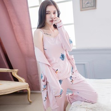 lingling日系 手繪鶴鳥牛奶絲長袖綁帶三件式睡衣組(全尺碼)