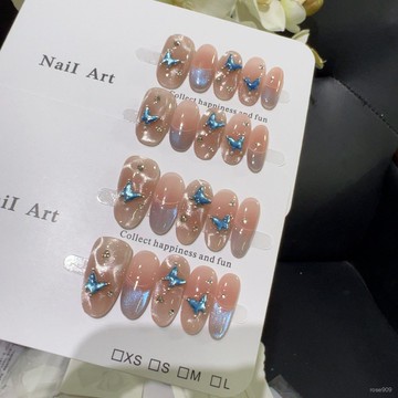 ➕最新設計款穿戴甲💅【琉光藍蝶】裸粉漸變琉璃極光蝴蝶穿戴甲甜美清新短款美甲貼片短橢圓穿戴甲 YDTU