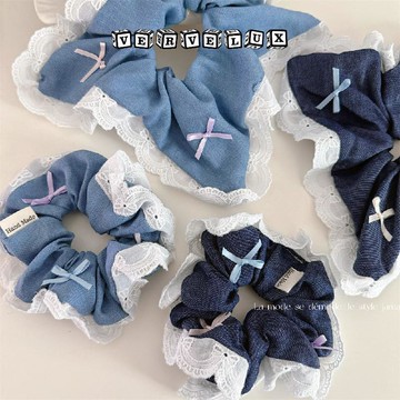 两件9.9折🔥臺灣出貨🔥可開發票✅彩色蝴蝶結甜酷牛仔大腸髮圈方圈百搭扎馬尾皮筋發繩髮飾頭飾新款