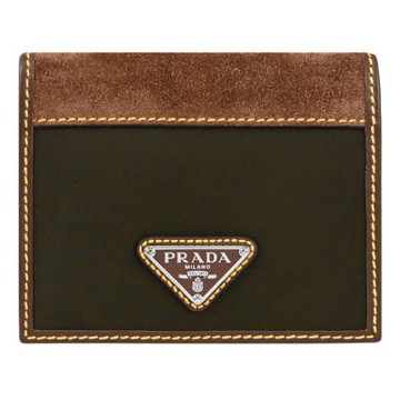 PRADA 金屬三角LOGO尼龍麂皮對開六卡短夾(墨綠/棕)