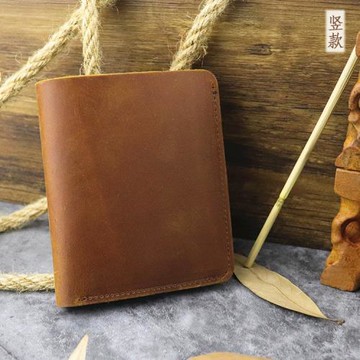 原創手工男士復古豎款兩折瘋馬皮