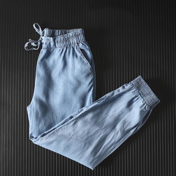 ODM公司貨 夏季新品男士薄款天絲牛仔布松緊抽繩腰束腳休閑牛仔褲