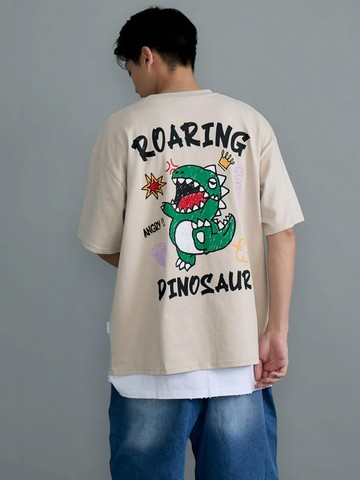 ROARING文字塗鴉風落肩TEE (杏色)