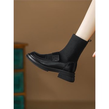 短靴女2024秋季新款防水臺厚底英倫馬丁靴針織彈力瘦瘦靴襪靴百搭