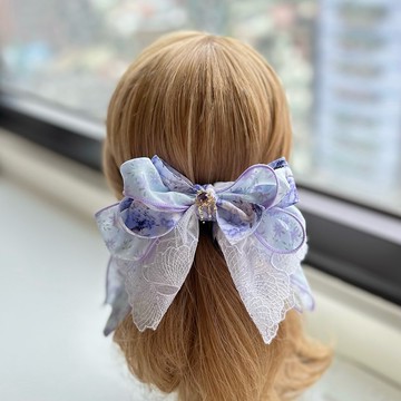 獨家小花蕾絲蝴蝶結相交夾香蕉夾仙女夾髮夾-紫色