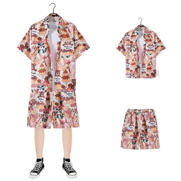 男士印花短袖套裝 短褲寬鬆大尺碼襯衫 沙灘短袖印花襯衫