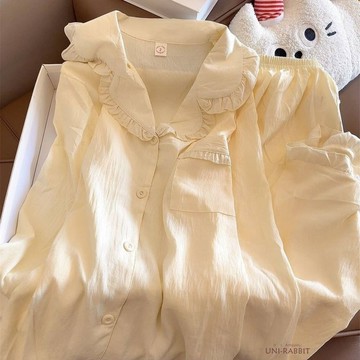 韓式純色睡衣女春秋季新款少女長袖長褲外穿家居服女生睡衣 可愛睡衣 卡通睡衣 居家睡衣  休閒睡衣 寬鬆睡衣 睡衣套裝女