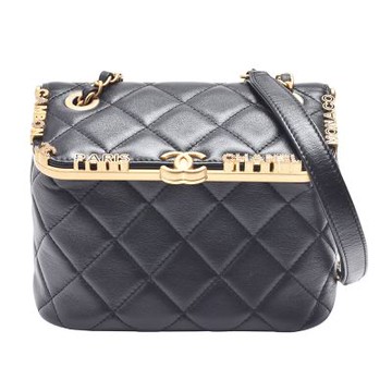 CHANEL 經典仿舊雙C LOGO菱格紋羊皮水鑽金屬飾邊箱型單肩包(色)