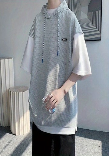 假两件t恤男华夫格短袖潮牌潮流大码宽松连帽oversize重磅半袖夏
