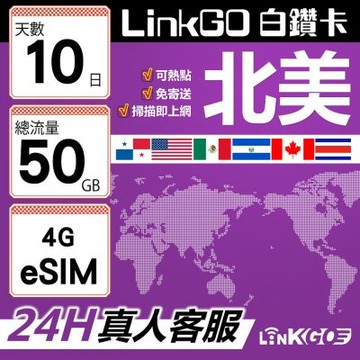 LinkGO白鑽卡北美 eSIM卡 AT&T/Verizon 10天總流量50GB(北美網卡 美國 加拿大 墨西哥)