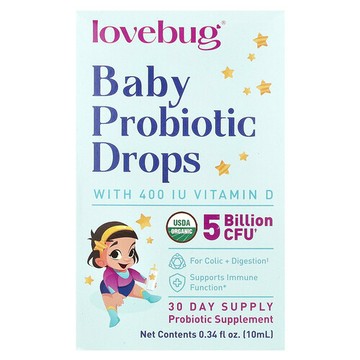 LoveBug Probiotics, 嬰兒維生素 D 益生菌滴劑，0.34 液量盎司（10 毫升）