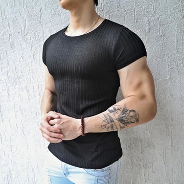 條紋彈力修身健身夏季短袖透氣吸汗歐美寬松肌肉訓練T恤跑步上衣