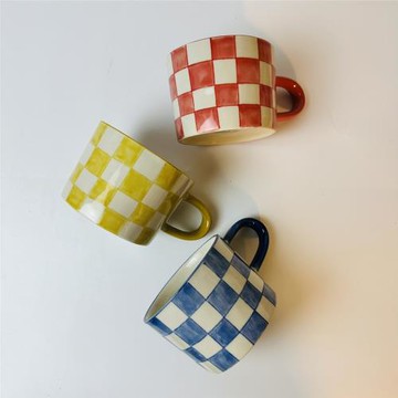 外貿陶瓷手繪格子馬克杯牛奶水杯創意個性可愛 北歐ins咖啡杯