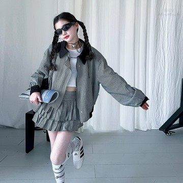 【中大女童/親子裝】美式復古休閒撞色格紋套裝