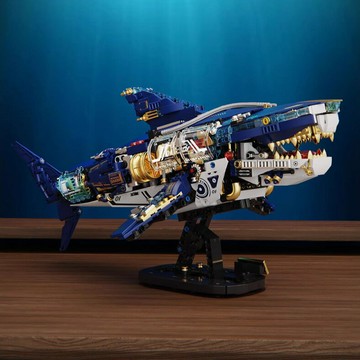 【含稅/免運】 T2017科技機械鯊魚積木聯動拼裝帶底座模型海洋動物系列擺件跨境+