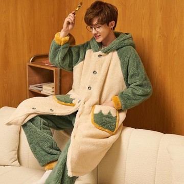 恐龍珊瑚絨睡衣男士秋冬季加厚加絨保暖法蘭絨睡袍長款冬天家居服