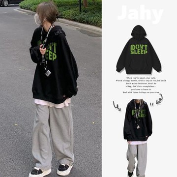 美式oversize高街潮牌連帽衛衣男hiphop復古歐美vibe秋季黑色薄款