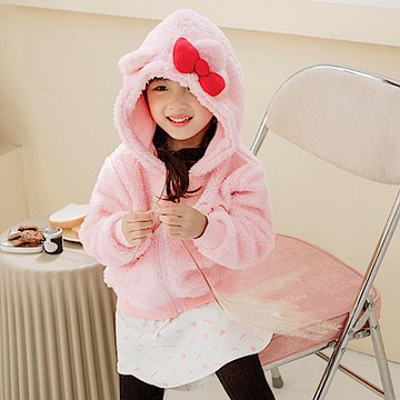 KITTY巧克力親子款．北極絨蝴蝶結刺繡連帽女童外套-OB嚴選