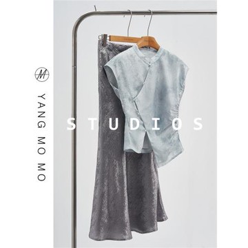 新中式國風斜襟短袖旗袍襯衫鎏光魚尾裙套裝2025新款女裝夏季穿搭