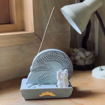 日本黑松水泥金箔盆景線香座套裝 連5CM擴香石迷你招財貓