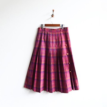 【蛋植物古著】鮮明格紋絨面百褶古著長裙