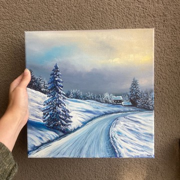 冬季風景油畫作品，古典樹木雪景畫作