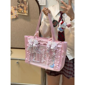 新品特惠🎉高顏值新款時尚百搭二次元女生可愛綁帶蝴蝶結透明徽章痛包單肩包單肩側包 斜跨包 托特包