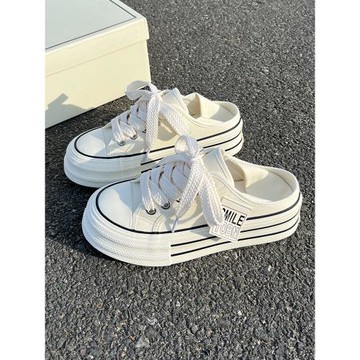 帆布鞋半拖小白鞋女夏季2024新款鞋子厚底一腳蹬懶人鞋百搭配裙子