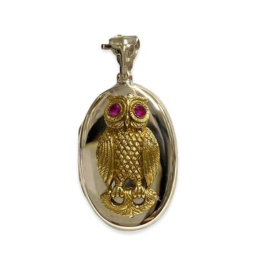 維多利亞風格貓頭鷹鳥鍍金小盒墜子和紅寶石 925 純銀