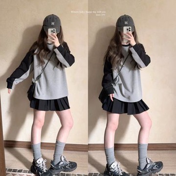 華夫格 黑灰拼接 刺繡字母 插肩袖 寬松 長袖衛衣 U