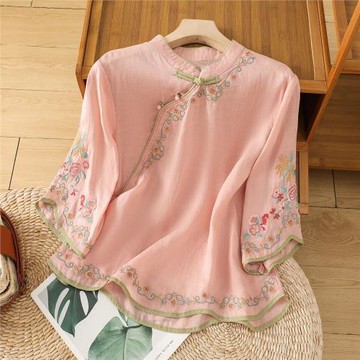 民國風文藝斜襟刺繡棉麻媽媽上衣女春夏季盤扣拼色顯瘦減齡七分袖